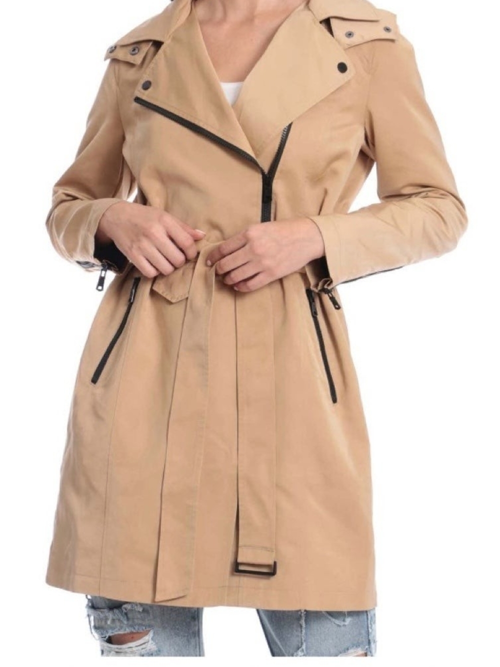 Avec Les Filles Women’s Hooded Belted Moto Jacket Zip Pockets Beige M Like New